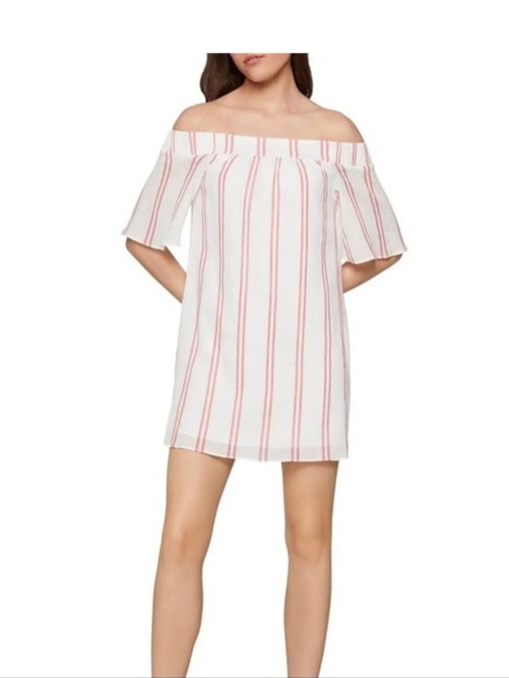 BCBGeneration White Off-Shoulder Stripe Dress with Pink Stripes Small